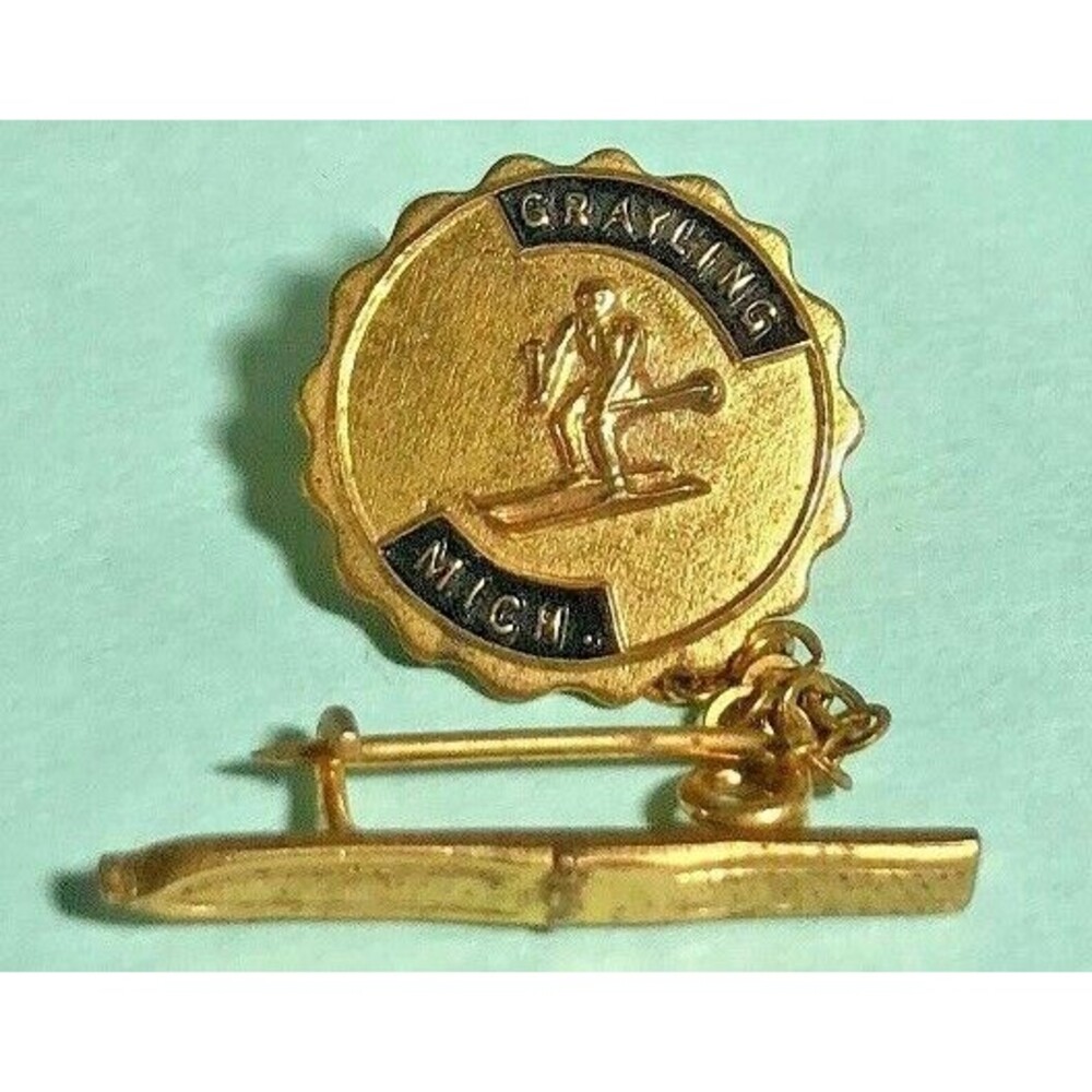 Vintage Grayling, Michigan ,2 piece Ski pin ,old Skiing Collectible Pin